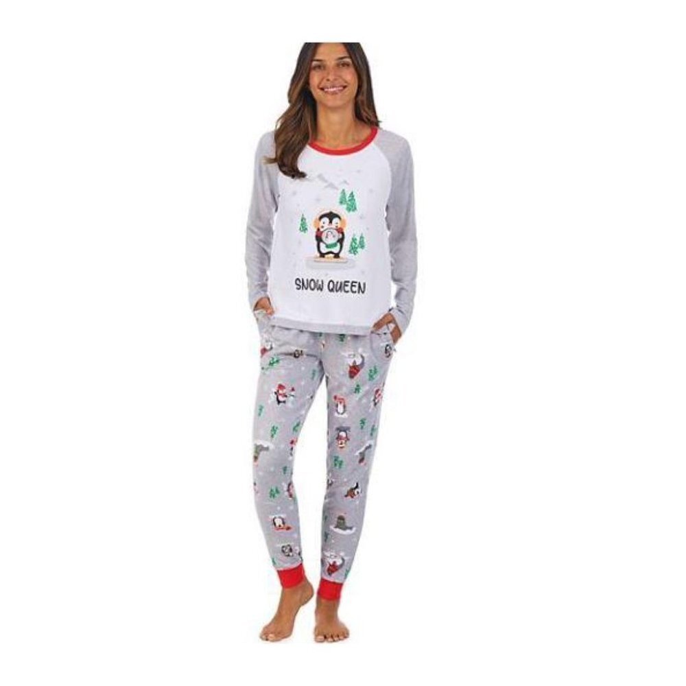SOLD Cuddl Duds Womens Gray Penguin Snow Queen Knit Pockets Pajama 2 Pc Set Sz - Picture 1 of 11